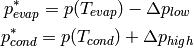 p_{evap}^*=p(T_{evap})-\Delta p_{low}

p_{cond}^*=p(T_{cond})+\Delta p_{high}