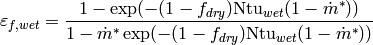 \varepsilon_{f,wet}=\frac{1-\exp(-(1-f_{dry})\mathrm{Ntu}_{wet}(1-\dot{m}^*))}{1-\dot{m}^*\exp(-(1-f_{dry})\mathrm{Ntu}_{wet}(1-\dot{m}^*))}