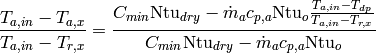 \frac{T_{a,in} - T_{a,x}}{T_{a,in} - T_{r,x}} = \frac{C_{min}\mathrm{Ntu}_{dry}-\dot{m}_a c_{p,a} \mathrm{Ntu}_o\frac{T_{a,in} - T_{dp}}{T_{a,in} - T_{r,x}}}{C_{min}\mathrm{Ntu}_{dry}-\dot{m}_a c_{p,a} \mathrm{Ntu}_o}