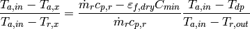 \frac{T_{a,in} - T_{a,x}}{T_{a,in} - T_{r,x}} = \frac{\dot{m}_r c_{p,r} - \varepsilon_{f,dry} C_{min}}{\dot{m}_r c_{p,r}} \frac{T_{a,in}-T_{dp}}{T_{a,in} - T_{r,out}}