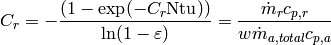 {C_r}=-\frac{ (1 - \exp(-C_r \mathrm{Ntu}))}{\ln(1 - \varepsilon)}=\frac{\dot m_r c_{p,r}}{w\dot m_{a,total} c_{p,a}}