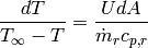 \frac{dT}{T_{\infty}-T}=\frac{UdA}{\dot m_r c_{p,r}}