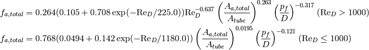 f_{a,total}=0.264(0.105+0.708\exp(-\mathrm{Re}_D/225.0))\mathrm{Re}_D^{-0.637}\left(\frac{A_{a,total}}{A_{tube}}\right)^{0.263}\left(\frac{p_f}{D}\right)^{-0.317}   (\mathrm{Re}_D>1000)

f_{a,total}=0.768(0.0494+0.142\exp(-\mathrm{Re}_D/1180.0))\left(\frac{A_{a,total}}{A_{tube}}\right)^{0.0195}\left(\frac{p_f}{D}\right)^{-0.121}   (\mathrm{Re}_D\leq1000)