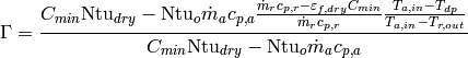 \Gamma = \frac{C_{min}\mathrm{Ntu}_{dry} - \mathrm{Ntu}_o \dot{m}_a c_{p,a} \frac{\dot{m}_r c_{p,r} - \varepsilon_{f,dry} C_{min}}{\dot{m}_r c_{p,r}}\frac{T_{a,in}-T_{dp}}{T_{a,in} - T_{r,out}}}{C_{min}\mathrm{Ntu}_{dry} - \mathrm{Ntu}_o \dot{m}_a c_{p,a}}